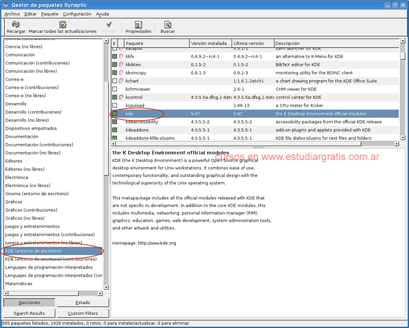 instalar programas desde Synaptic instalar entorno KDE