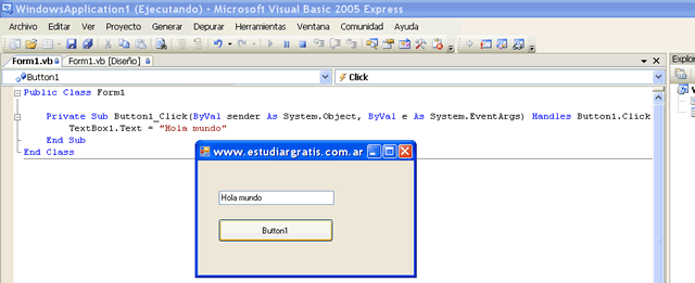 hola mundo en Microsoft Visual Basic Express